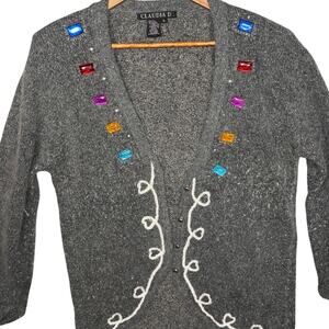 Claudia D Vintage Silk Blend Gray Jeweled Rhinestones Cardigan Sweater Women L